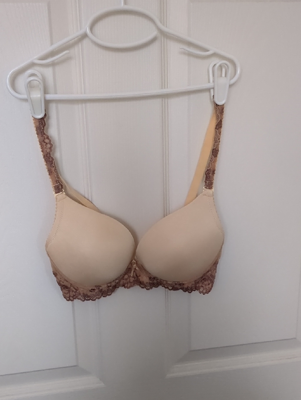 Smooth Beige T-Shirt Bra with Purpl Lace Trim